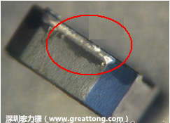 使用錫(Sn)鍍層的電源電感器(Power Inductors)，經過推力測試后，其焊點還保留在零件的端點上，所以推力比較高。