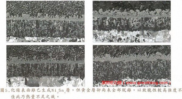 下面四圖顯示，當(dāng)焊接的熱量不足或未持續(xù)時(shí)，雖然Ni3Sn4的薄薄IMC層已經(jīng)生成而焊牢，但也會(huì)因?yàn)锳uSn及AuSn2還未來得及逸走，而停留在共金介面附近，當(dāng)有外力拉扯的時(shí)候，就很容易斷裂開來。這就是為何ENIG的焊點(diǎn)強(qiáng)度，始終不如銅面焊點(diǎn)(Cu6Sn5)來得更為牢固的主因之一。