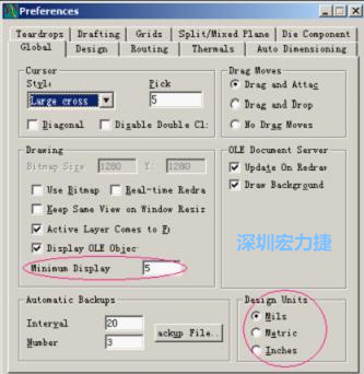 改單位Global→Design Units；改最小顯示線寬Global→Drawing