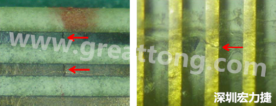 一旦找到確切的銅箔線路斷裂位置，如果還是無(wú)法觀察到斷裂的現(xiàn)象，就試著在顯微鏡下彎曲該位置的軟板，這樣就可以突顯并放大斷裂銅箔的開口了。 