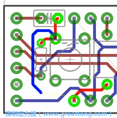 要在電路板正面進(jìn)行+5V信號線連結(jié)和其他連結(jié)點(diǎn)的布線工作是非常容易的，而重置信號線（信號線用來連結(jié)電路板正面左邊的重置開關(guān)）需要經(jīng)過一個(gè)可以通過電路板正反兩面的電路通道，這個(gè)通道是一個(gè)可以讓電路板正反兩面線路連接的一個(gè)小孔。